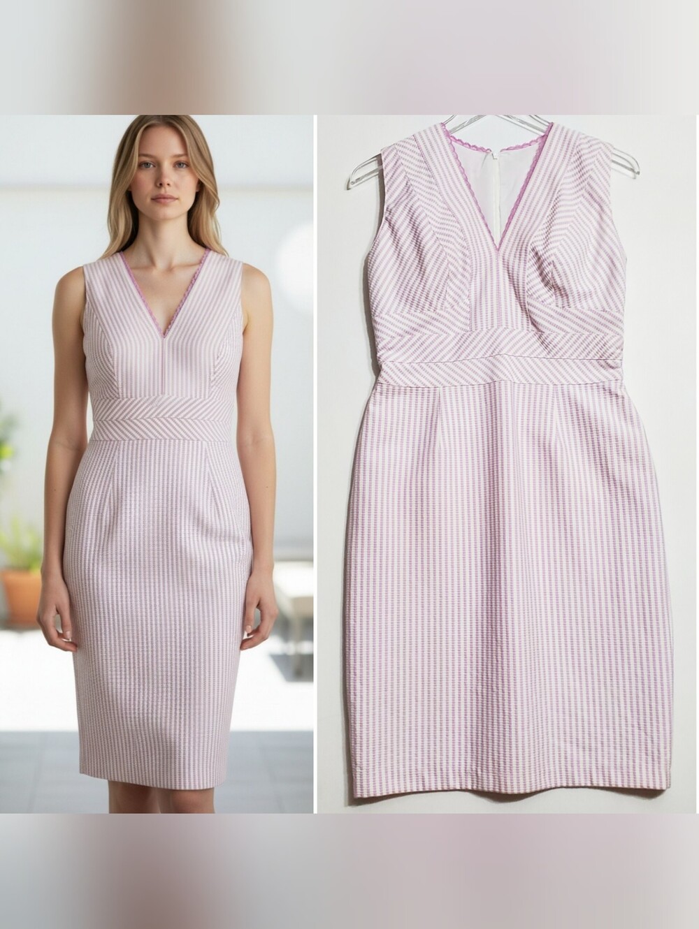 Kay Unger sz 8 v neck sheath dress sleeveless striped lavender career academia